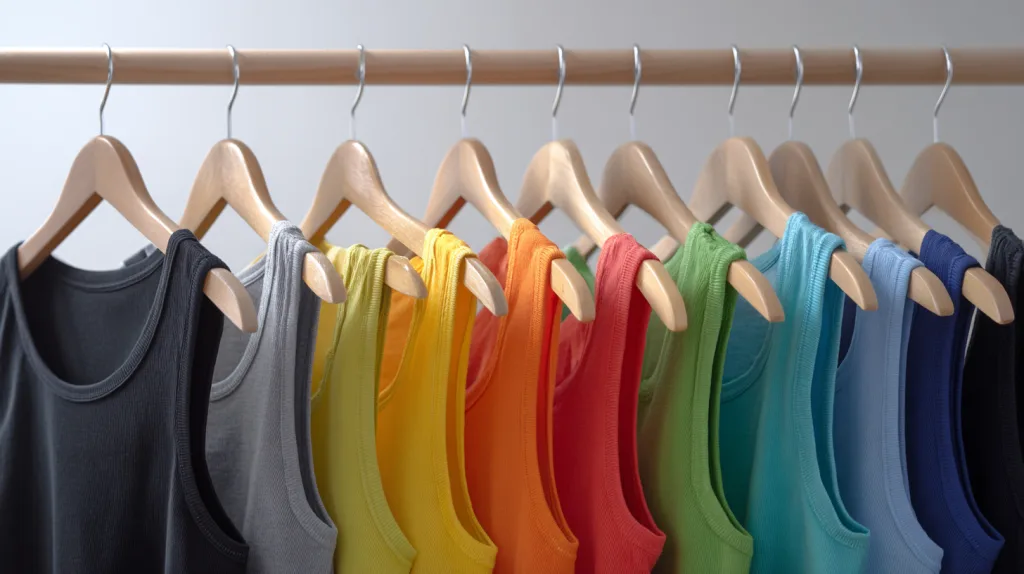 Top 10 Tank Top Manufacturers for Custom Apparel Brands 1 Blank tank tops in various colors hanging on rack in studio