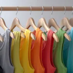 Blank tank tops in various colors hanging on rack in studio
