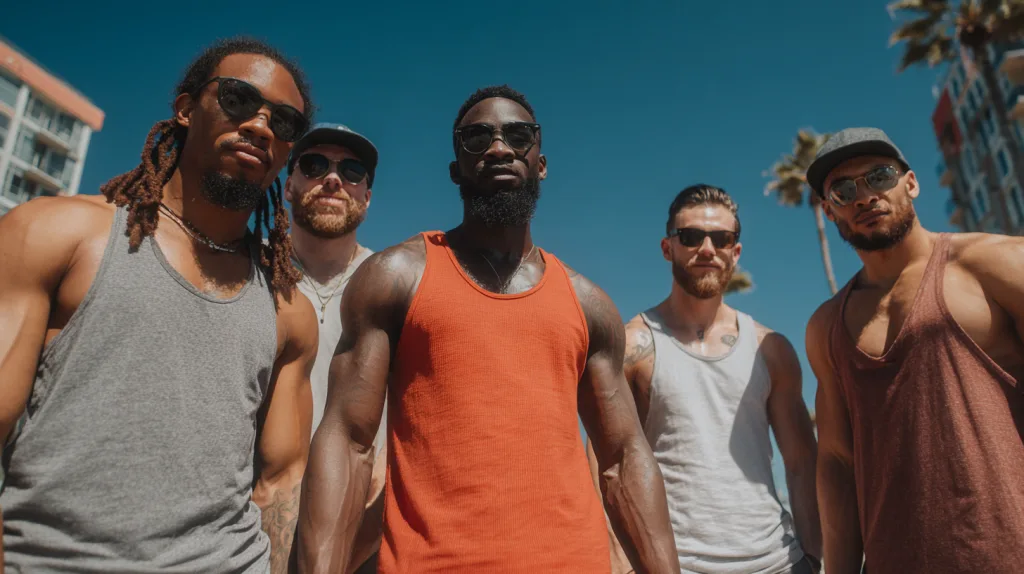 Best Tank Tops for Men: A Complete Guide to Style, Performance & Comfort 4 Group of young men wearing casual tank tops outdoors