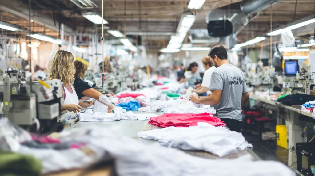 Top 10 Tank Top Manufacturers for Custom Apparel Brands 2 Factory workers creating custom tank tops with label printing and fabric cutting