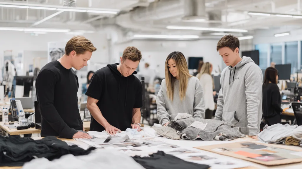 Private Label vs. OEM: Which Is Best for Gym Clothing? 2 Ninghow Apparel team working with tech packs and fabric swatches.