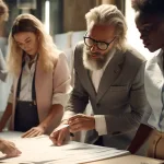 Designers working with a manufacturer on custom apparel tech packs