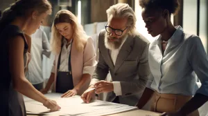 Designers working with a manufacturer on custom apparel tech packs