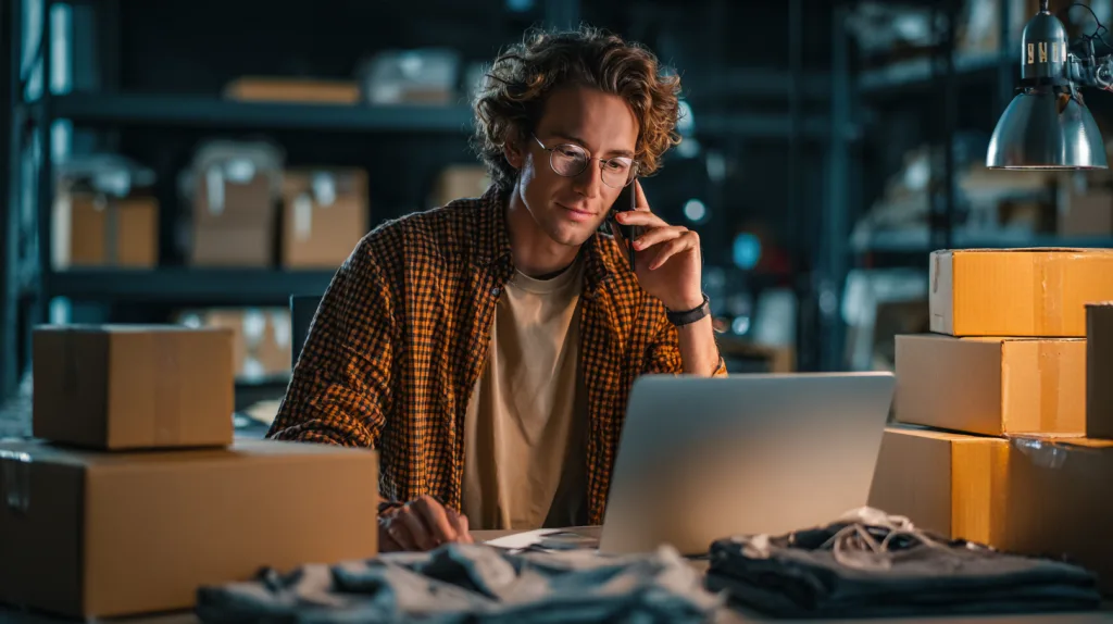 Choose the Best Clothing Manufacturers for Startups in 2025 3 A young fashion entrepreneur video-calling their manufacturing partner. On-screen are sample garments and order tracking. The background includes finished clothing, shipping boxes, and a laptop—symbolizing international collaboration and success.