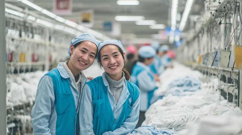 10 Things to Consider When Choosing a Clothing Manufacturer 3 Clothing factory workers in safe, well-lit conditions with compliance certificates on the wall.