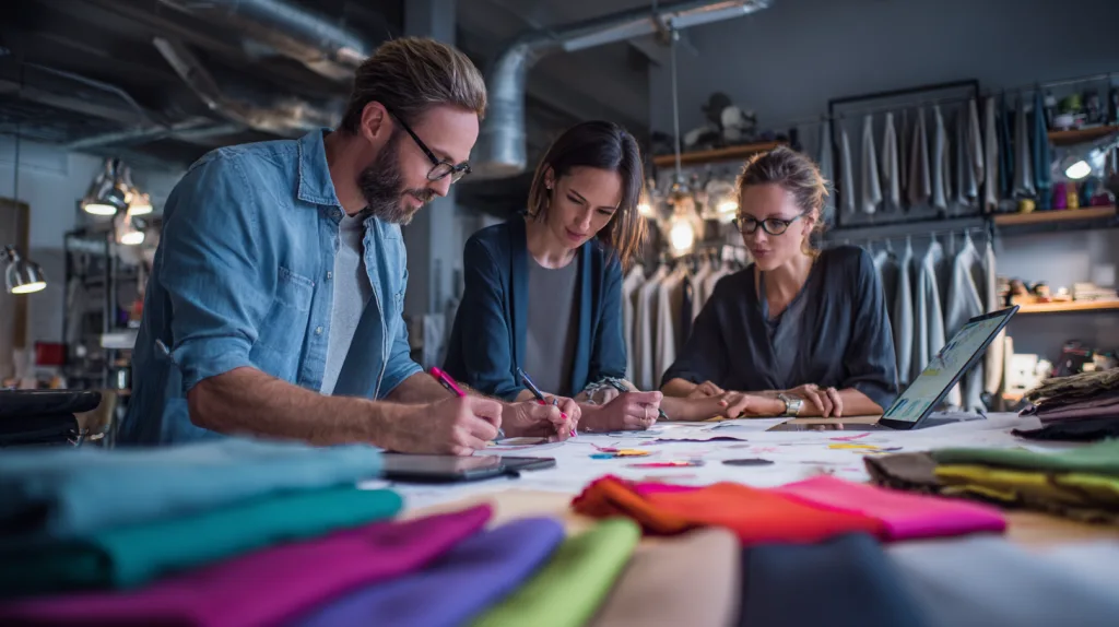 Clothing Manufacturing Process Explained (From Design to Delivery) 7 Designers reviewing garment sketches and fabric swatches.