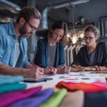Designers reviewing garment sketches and fabric swatches.
