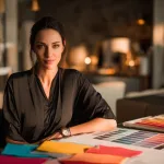 Business owner reviewing clothing samples with MOQ charts on desk