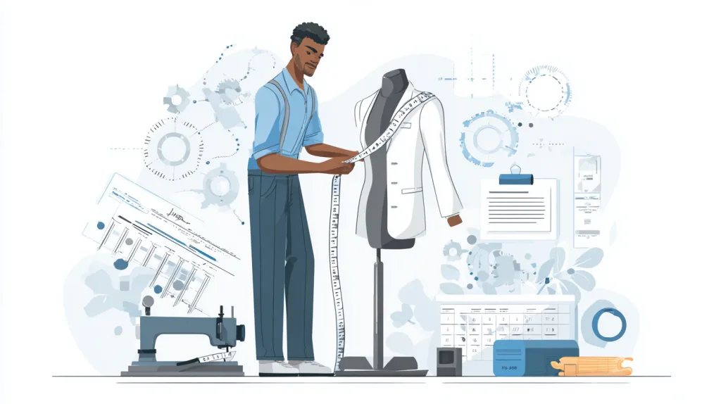Clothing Quality Control Checklist for Brands 1 Visual representation of garment measurement and fit testing, highlighting tools and processes used to verify sizing consistency before mass production.