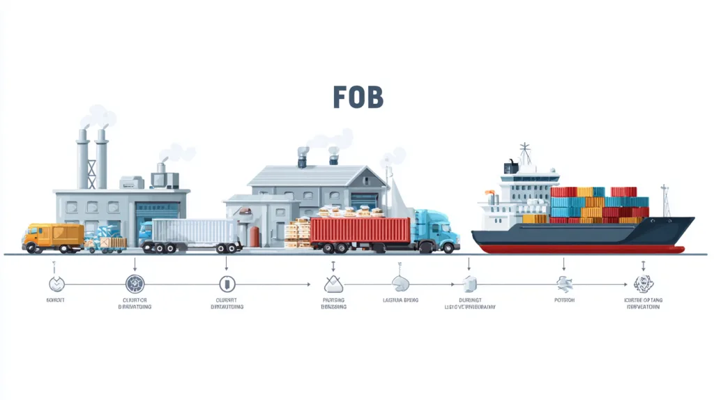 Understanding Clothing Export Terms: FOB, CIF, DDP 4 Illustration of the FOB shipping process, showing seller responsibility until loading on ship at origin port.