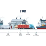 Illustration of the FOB shipping process, showing seller responsibility until loading on ship at origin port.