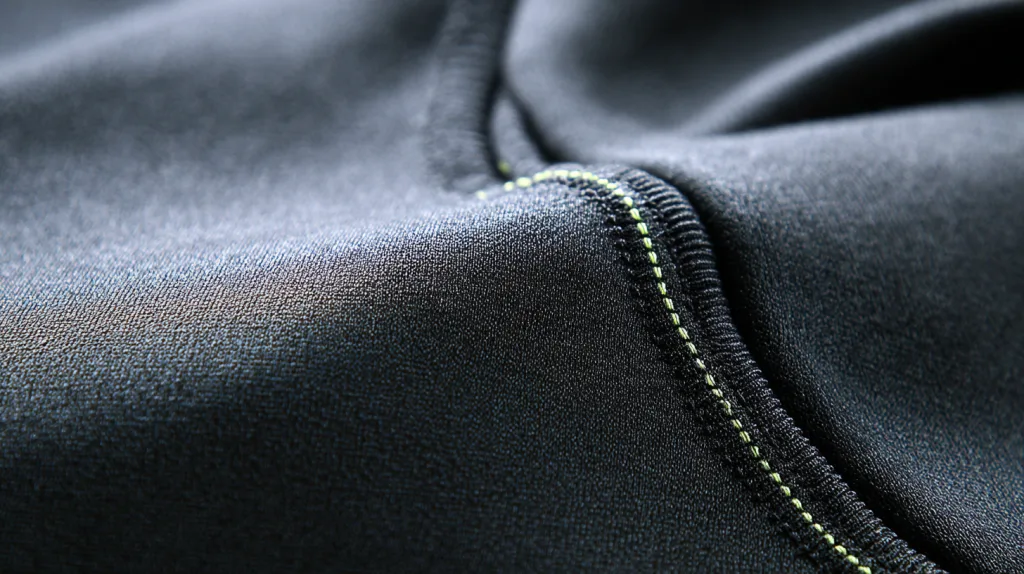 Zoomed view of a flatlock stitch on activewear leggings, emphasizing seamless, chafe-free construction.