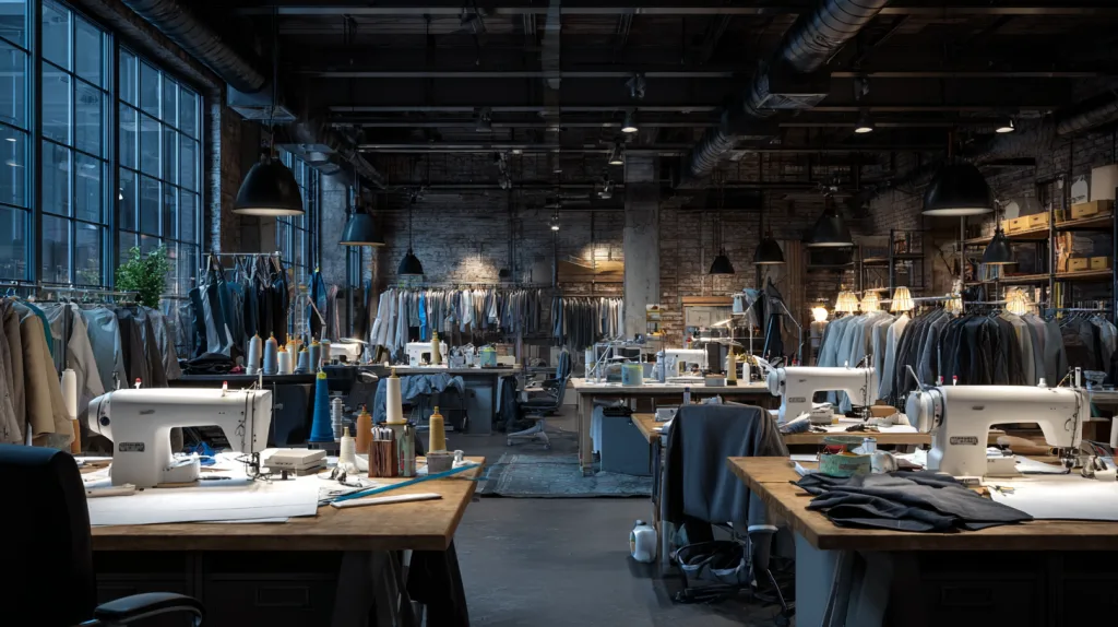 Choose the Best Clothing Manufacturers for Startups in 2025 2 A small-scale garment factory environment with a few workers sewing limited batches of clothing. Includes visible sample stations and customized labels. The setting should feel warm and supportive, emphasizing flexibility for small orders.