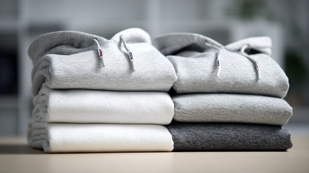 Assorted hoodie fabric swatches on a workspace table