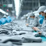 Garment workers inspecting hoodies during production