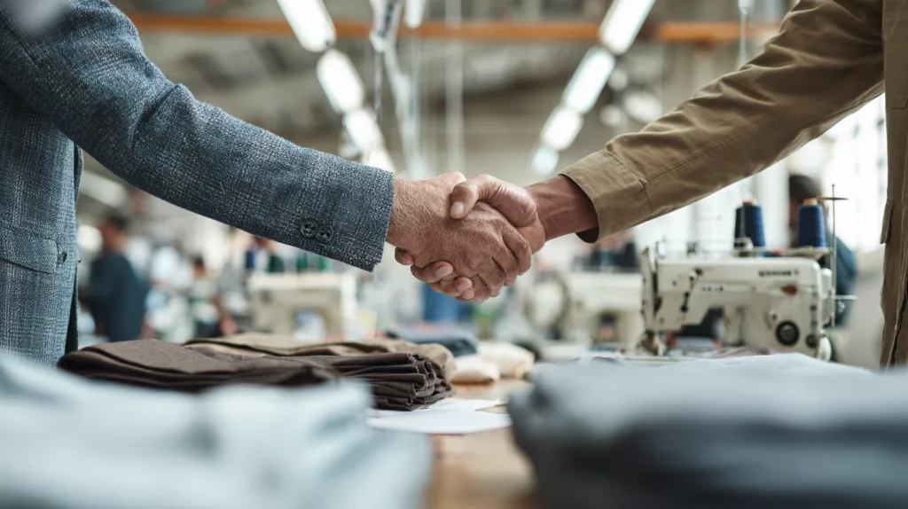 How MOQ Affects Your Clothing Business – And How to Negotiate It 3 Clothing brand owner discussing order terms with manufacturer in factory