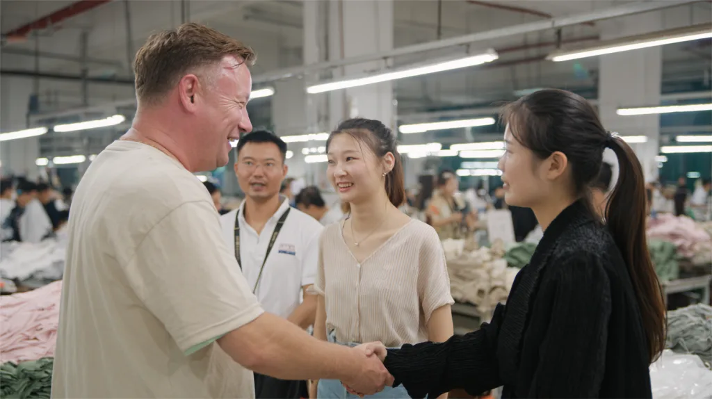 How to Vet a Chinese Clothing Manufacturer: Factory Visit Checklist 8 Brand owner and Ninghow Apparel team shaking hands in front of the production floor.