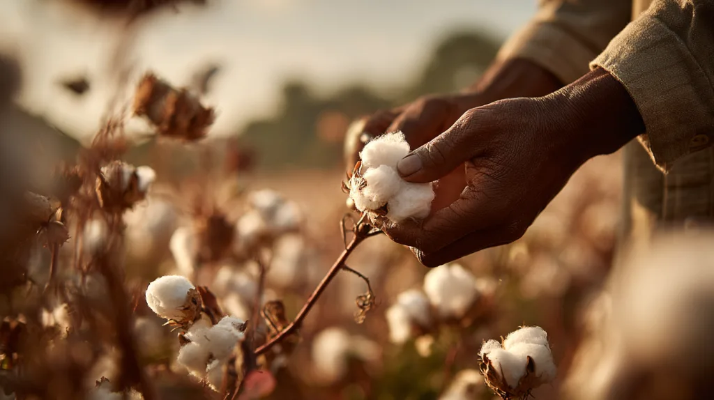 Sustainable Fabrics in Modern Clothing Production: 7 Responsible Materials for Eco‑Conscious Fashion 1 Show farmers in an organic cotton field picking cotton by hand under the sunlight. The background is clean and the atmosphere is warm and natural.