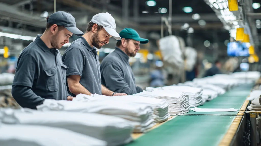 How to Order Custom Polo Shirts with Ninghow: A Complete 7-Step Guide 2 Workers inspecting polo shirts on a production line