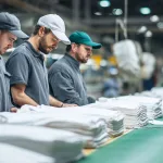 Workers inspecting polo shirts on a production line