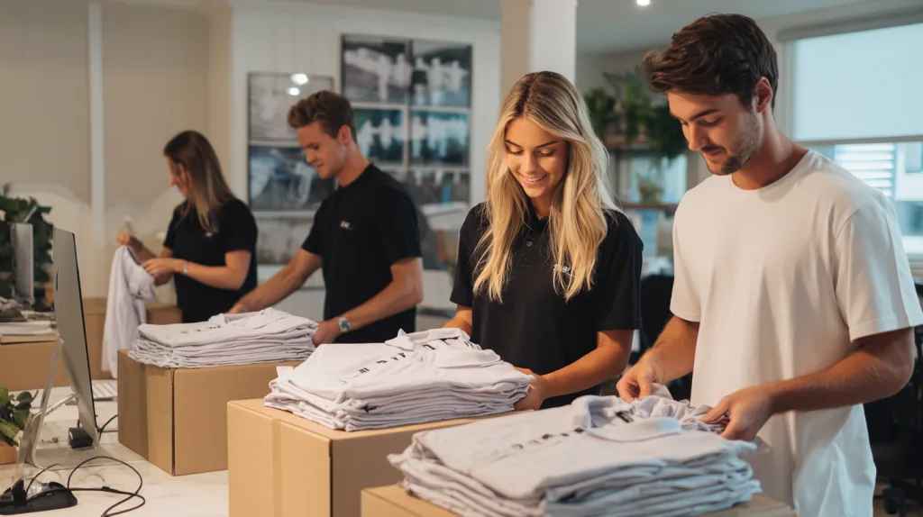 How to Order Custom Polo Shirts with Ninghow: A Complete 7-Step Guide 4 Startup team unboxing their first custom polo shirt order