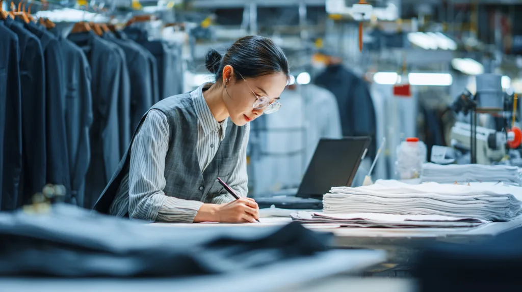 How to Vet a Chinese Clothing Manufacturer: Factory Visit Checklist 3 A quality inspector checking garments in a Chinese factory's inspection area.