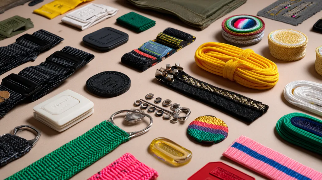 A flat lay of assorted custom clothing accessories including woven labels, hang tags, embroidered patches, zippers with branded pullers, buttons, colorful drawcords, reflective trims, cord locks, and garment packaging, neatly arranged on a neutral background