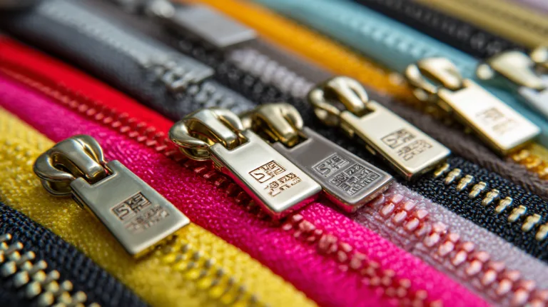 Metal, plastic, and waterproof zippers with personalized pullers arranged for apparel manufacturing display