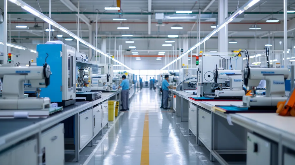 How to Choose the Best Custom Polo Shirt Manufacturer for Your Brand 1 High-tech apparel factory showing sewing robots, automated cutting tables, and workers managing machines — clean, efficient, modern.