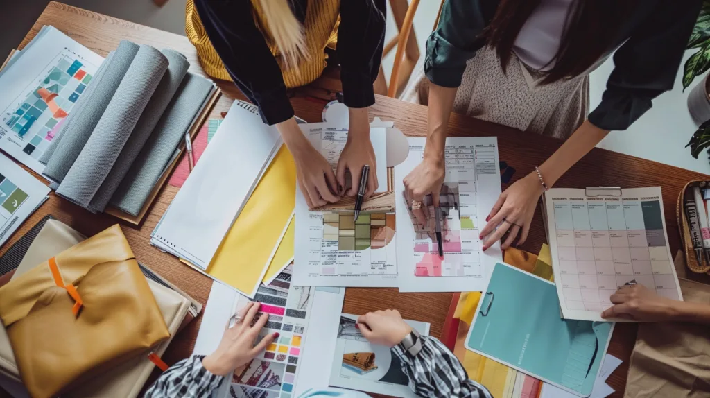 MOQ and Lead Times in Organic Cotton Clothing Production 3 A meeting scene between fashion brand representatives and factory staff reviewing production calendars and tech packs for organic clothing.
