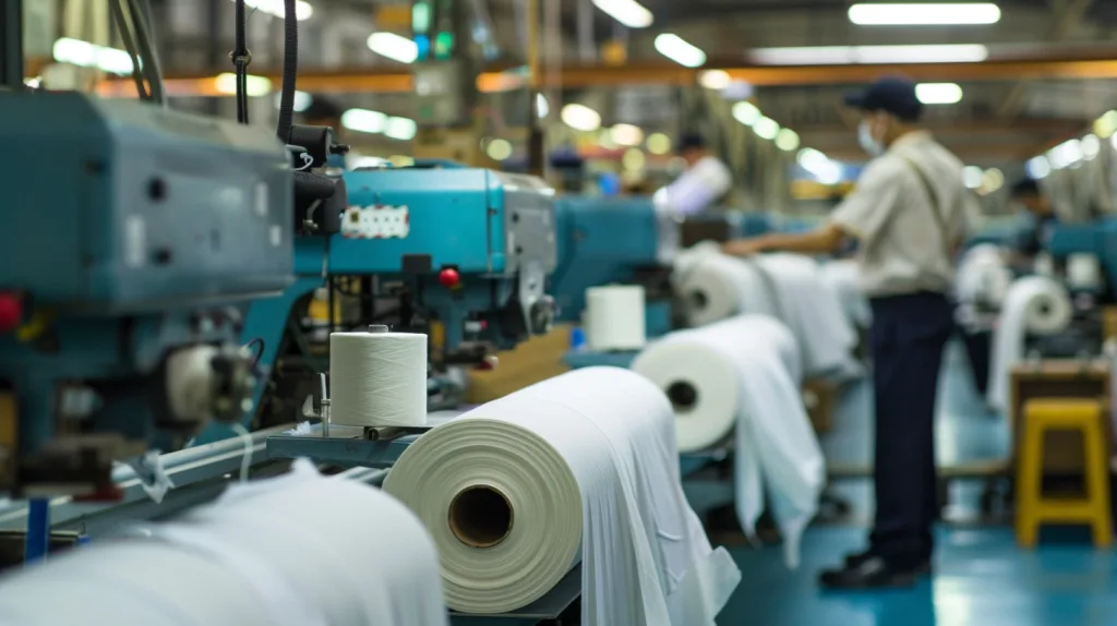 How to Choose the Right Organic Cotton Clothing Manufacturer for Your Brand 2 Close-up of inspectors checking organic cotton garments for quality, with sewing machines and fabric rolls in the background.