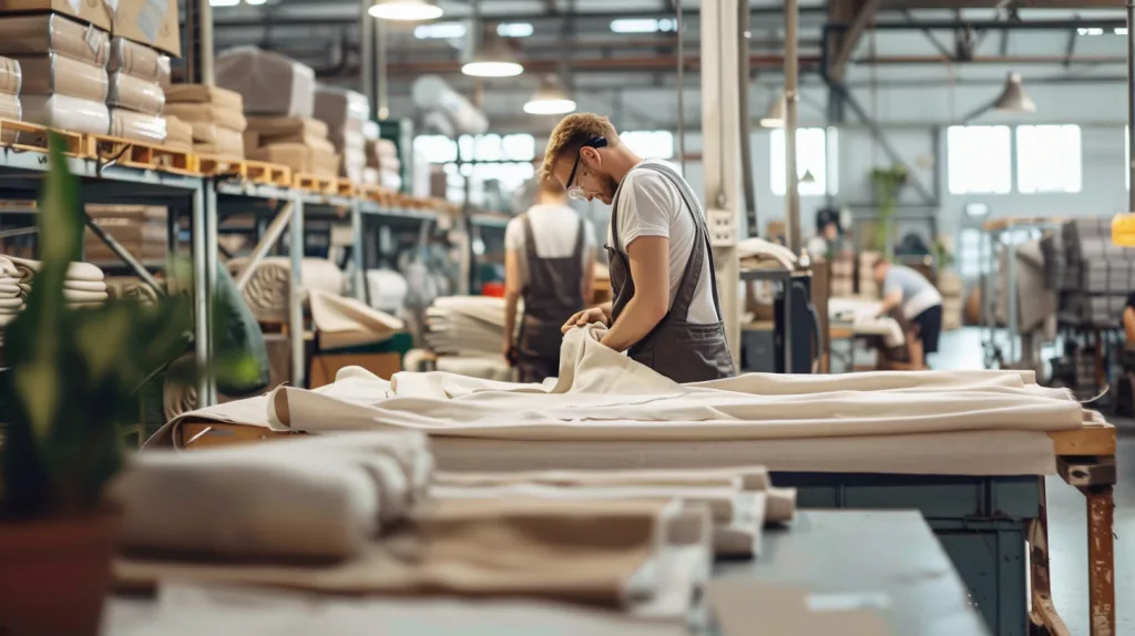 How to Choose the Right Organic Cotton Clothing Manufacturer for Your Brand 20 A modern clothing factory with workers handling organic cotton fabrics, eco-friendly branding elements in the background.