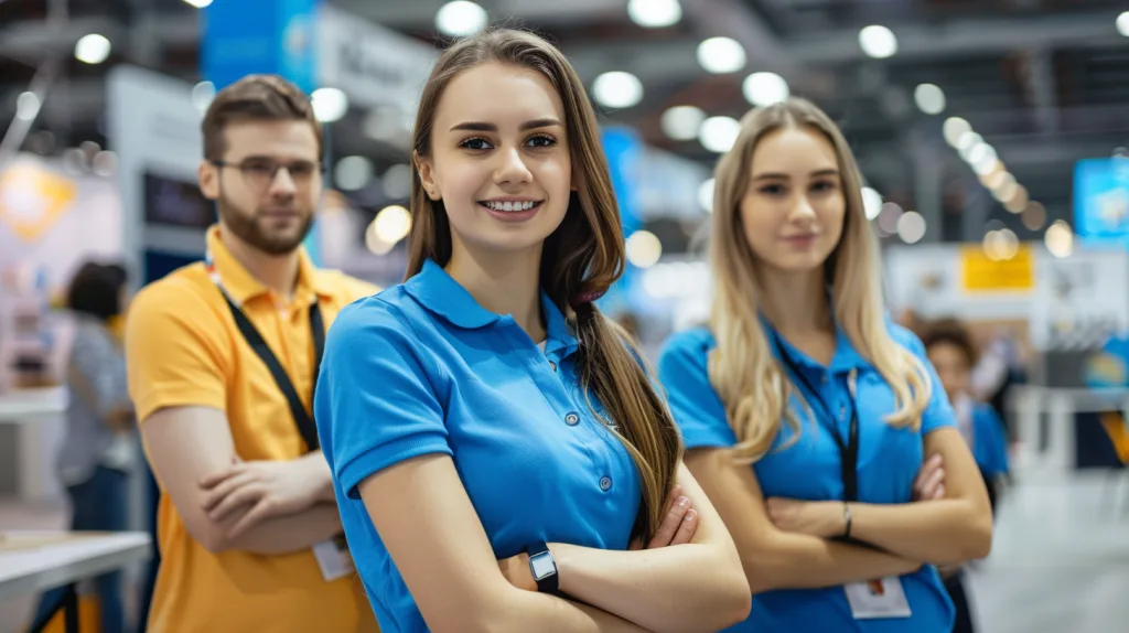 Team Polo Shirts for Sports Clubs and Corporate Uniforms: Custom Fit, Fabric & Branding 18 A modern sales team in coordinated polo shirts, networking at a trade show booth with company branding visible.