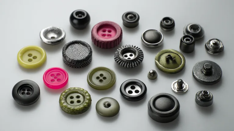 Assorted metal buttons, resin buttons, snap fasteners, and magnetic closures for custom clothing production