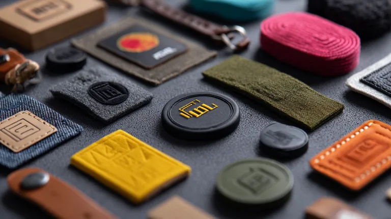 A variety of custom woven labels, hang tags, embroidered patches, and rubber badges in different colors and materials for apparel branding