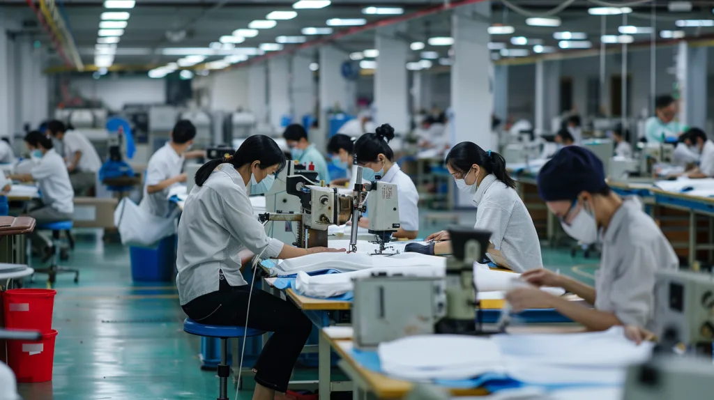 Top 17 Best Cycling Shorts in 2025: Ultimate Comfort, Performance & Style Guide 3 Workers sewing custom cycling shorts in a modern, organized factory. Emphasizes OEM/ODM capabilities and quality control at Ninghow.