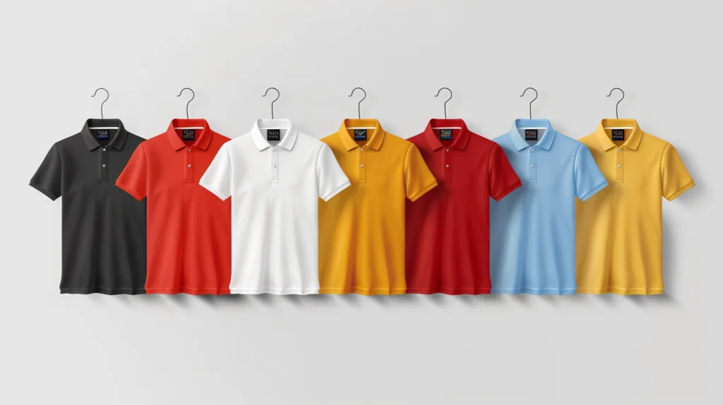 The Complete Guide to Ordering Bulk Custom Polo Shirts: From Design to Delivery 1 Visual mockups showing various design choices for custom polo shirts, including color, collar, and logo placement.