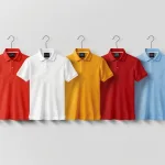 Visual mockups showing various design choices for custom polo shirts, including color, collar, and logo placement.