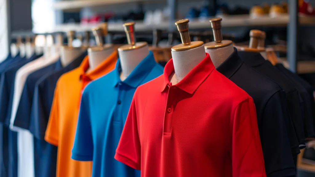 How to Choose the Best Custom Polo Shirt Manufacturer for Your Brand 2 A variety of customized polo shirts displayed on mannequins and flat lay, featuring different colors, logos, and collars.