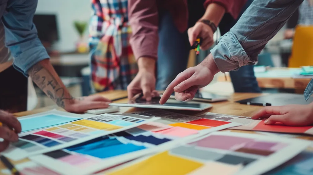 Custom Polo Shirts vs. Ready-Made: Which is Right for Your Business? 19 A business team comparing fabric swatches and design mockups for polo shirts at a modern workspace.