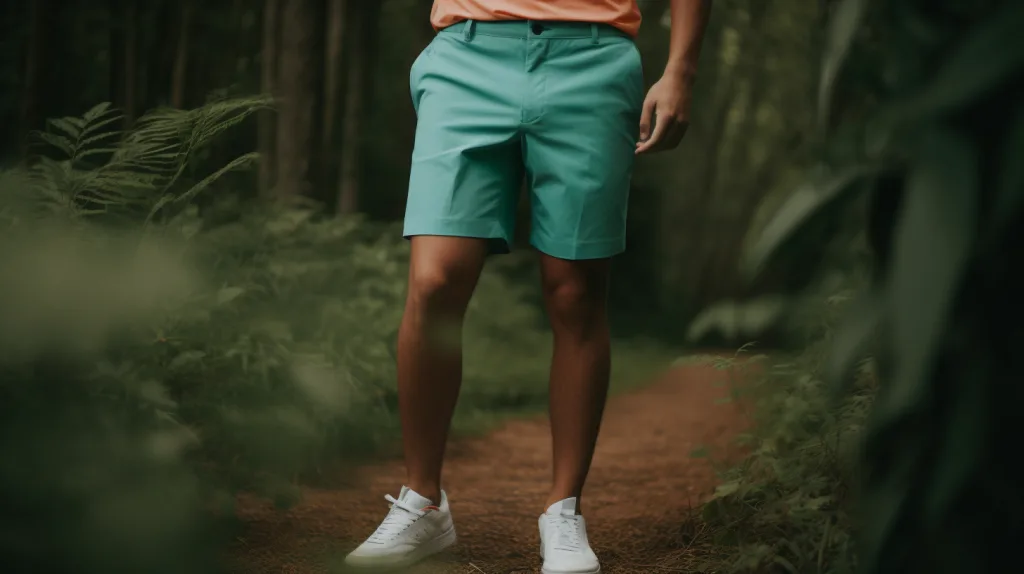 15 Best Golf Shorts in 2025: Stay Cool, Swing Better, and Look Sharp on the Course 2 A model wearing sustainable golf shorts made from recycled materials, standing in a natural setting with green grass and trees, reflecting an eco-conscious sportswear theme.