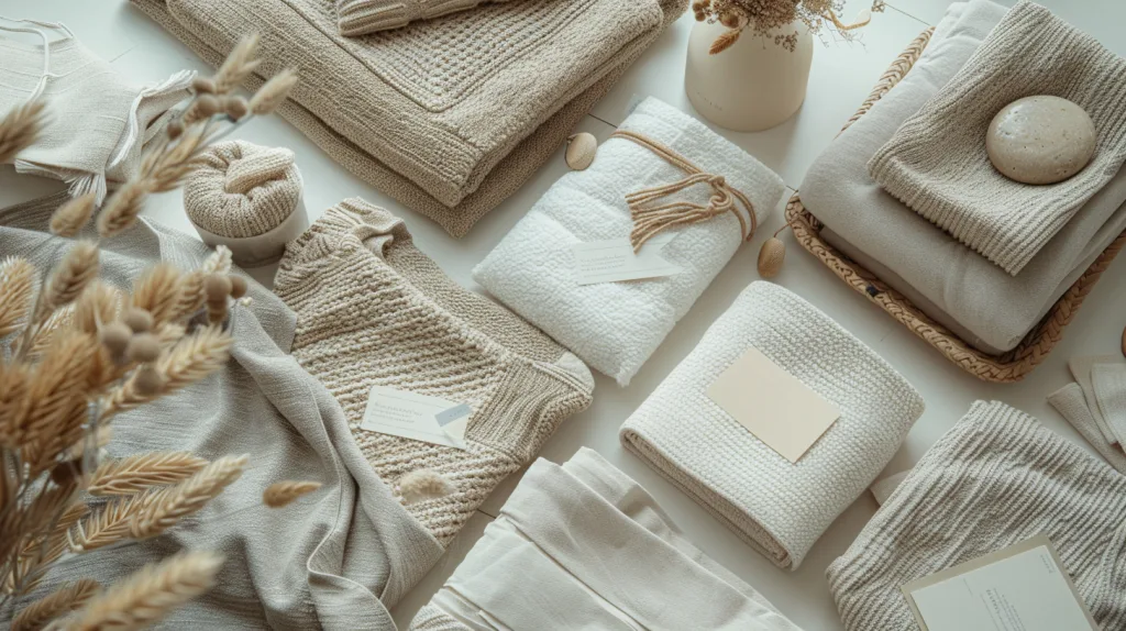 The Complete Guide to UPF 50 Clothing 4 A flat lay photo of sustainable UPF fabrics like bamboo or recycled polyester, with eco labels and soft neutral tones.