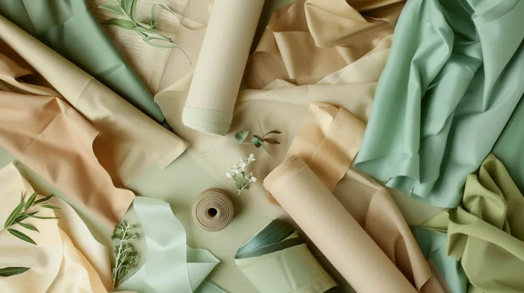 The Ultimate Guide to UV Protection Clothing 4 A minimalist flat lay of natural and recycled fabrics (bamboo, recycled polyester), alongside biodegradable packaging and eco-labels.