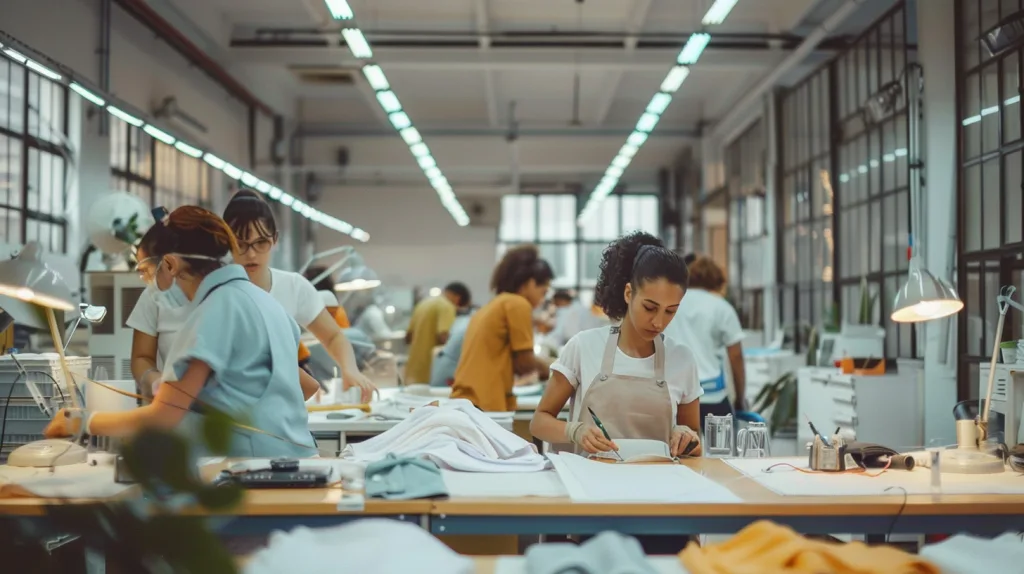 The Organic Cotton Supply Chain: From Farm to Finished Apparel 3 Workers in a safe and ethical garment factory sewing organic cotton apparel, with natural lighting and clean, organized workspaces.