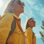 A group of people wearing UPF 50 clothing in various daily and outdoor settings — beach, hiking, urban walking — blending fashion and function.