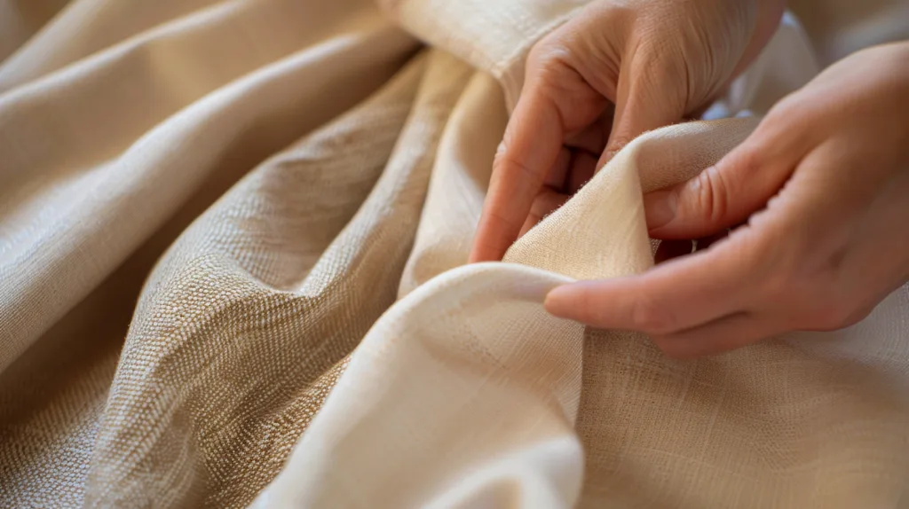 Organic Cotton vs Conventional Cotton: Key Differences for B2B Buyers 2 A person touching two cotton fabrics labeled “organic” and “conventional” with visible texture differences under soft lighting.