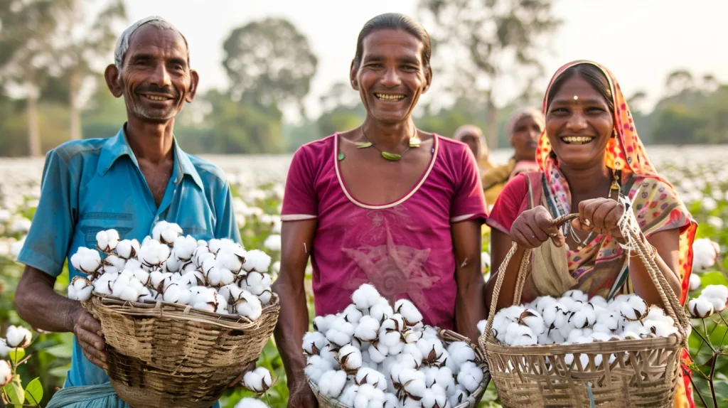 Certifications in Organic Cotton Clothing: GOTS, OEKO-TEX, Fairtrade Explained 3 Smiling cotton farmers holding harvested organic cotton with a Fairtrade banner in the background.