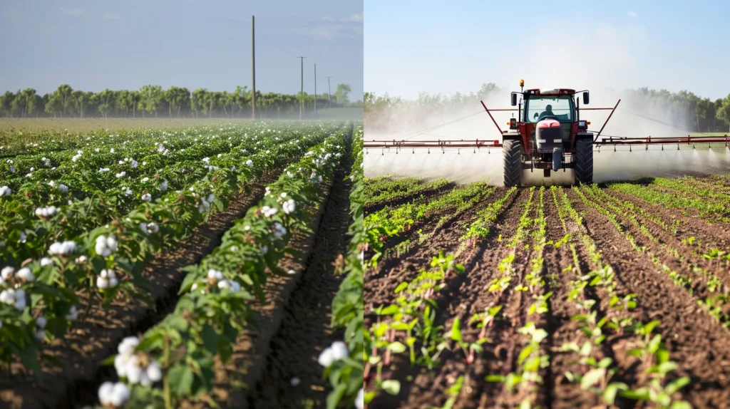 Organic Cotton vs Conventional Cotton: Key Differences for B2B Buyers 1 Side-by-side images showing natural organic cotton farming with compost and crop rotation vs chemical-heavy conventional cotton farming.