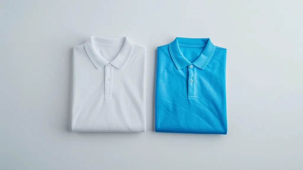 Why Choose Polo Shirts Over T-Shirts for Boys' Uniforms? 2 A flat lay comparison of a neatly folded school polo shirt and a plain t-shirt, showing fabric texture and design contrast.