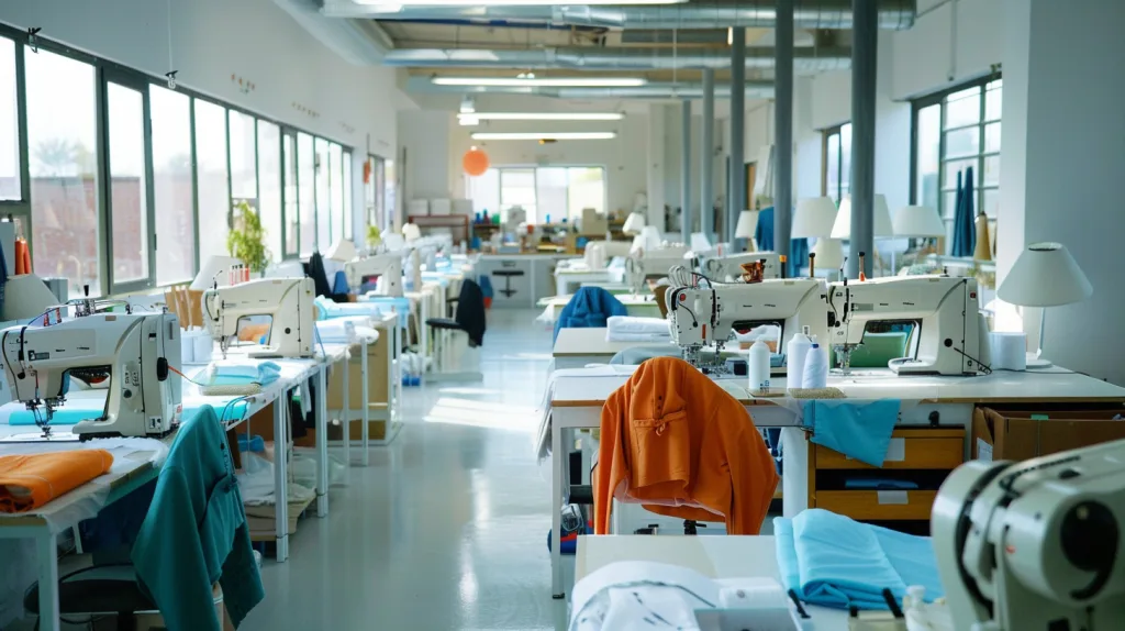 Inside view of a small-scale organic clothing factory producing low-volume batches with high efficiency and eco standards.